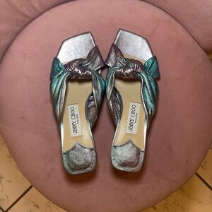 Jimmy Choo Avenue Knot Ombre Blue Teal Leather Sandal Slide Mules Kitten Heel